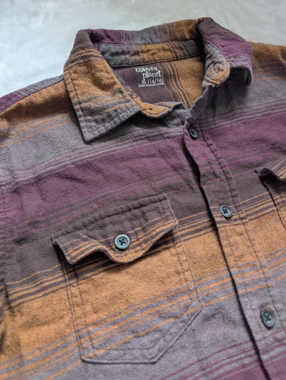 Colorful Planet Boys Flannel Button Up Shirt XL 14/16 Brown Purple Plaid